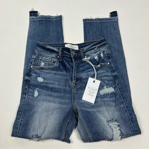 Risen Straight Leg High Rise Jeans NWT Heavily Distressed Casual Size 1 Size 25